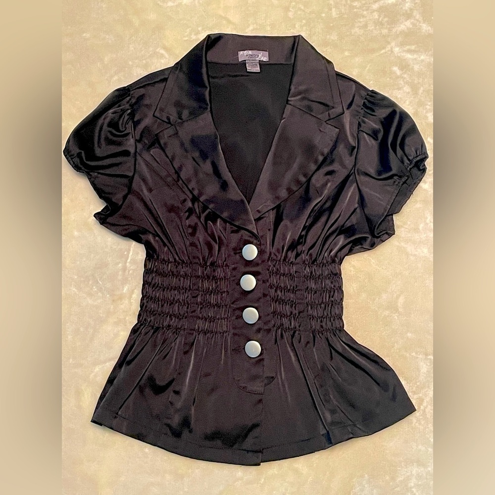 POETRY Clothing Ruched Waist Black Top Junior’s Large Short Cap Sleeves